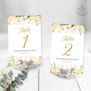 Druckbare Tischnummern Vorlage, 50-jähriges Jubiläum Tischnummern, Modernes Blumenmuster, Garten Tischdekoration, Goldenes Jubiläum, 2 Größen, 728S