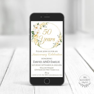 Modèle d'invitation électronique du 50e anniversaire, Invitation d'anniversaire numérique, Evite, 50e anniversaire de mariage doré, texte modifiable, 728S