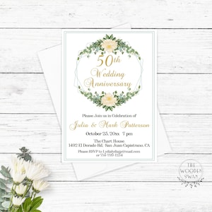 Sjabloon afdrukbare verjaardagsuitnodiging, gouden jubileum, 25, 50, elk jaar, 50e verjaardag, 5 x 7, witte bloemen, bewerkbare tekst 705K