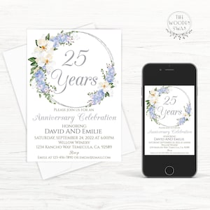 Modèle d'invitation d'anniversaire imprimable, Silver Silver, 25 ans ou n'importe quelle année, 25e anniversaire, 5 x 7, Floral élégant, texte modifiable, 732S