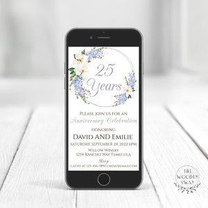 Plantilla de invitación electrónica del 25 aniversario, invitación digital, Evite, aniversario de bodas de plata, floral elegante, texto editable 732S