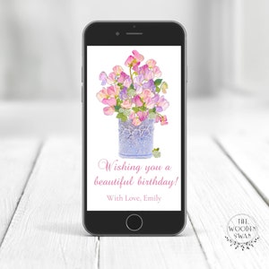 Plantilla electrónica de felicitación de cumpleaños, para abuela, mamá, amiga, saludo telefónico, tarjeta electrónica, tarjeta de felicitación por correo electrónico, texto editable, SweetPeas