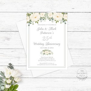 Printable Anniversary Invitation Template, Silver Anniversary, 25, 50, any year, 25th Anniversary, 5x7, White Floral, Editable Text 703K