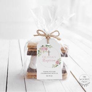 Plantilla de etiqueta de recuerdo de bautismo imprimible, recuerdo de bautizo, etiqueta de regalo, bautismo rosa, recuerdo de bautismo, aprox. 2 x 3,5", texto editable 209S