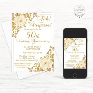 Modèle d'invitation imprimable 50e anniversaire surprise, anniversaire d'or, anniversaire de n'importe quelle année, 5 x 7, floral doré, texte modifiable 601K