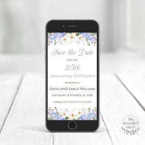 Digital Save the Date Vorlage, 25. Hochzeitstag, Elektronische Jubiläumseinladung, Silbernes Jubiläum, Evite Karte, Text bearbeiten, 732S
