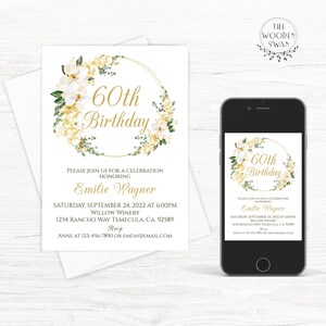 Printable 60th Birthday Invitation Template, 60th Birthday Party Invite, Special Birthday, Celebration, Gold Floral, Editable Text, 535S