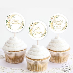 Printable 50th Anniversary Cupcake Toppers Template, Round Gift Tags, Golden Anniversary, 2&quot; Round, DIY Editable Cupcake Toppers, Tags, 728S