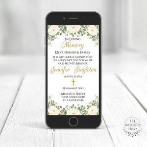 Modèle d'annonce de passage électronique, Mémorial, Décès d'un être cher, In Loving Memory, Carte numérique, Texte modifiable, Roses blanches 408K