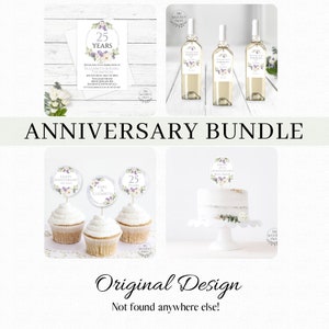 Printable 25th Anniversary 4 Item Template Bundle, 5x7 Invitation, Cupcake Toppers, Wine Tag, Favor Tags, Cake Topper, Editable Text 717S
