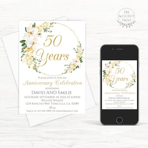 Sjabloon afdrukbare verjaardagsuitnodiging, gouden jubileum, 25, 50, elk jaar, 50e verjaardag, 5 x 7, gouden bloemen, bewerkbare tekst, 728S