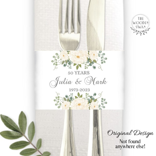 Printable 25th Anniversary Napkin Band Template, Silver Anniversary Napkin Ring, Utensil Wrap, Appx. W 10.5" x H 2.625", Editable Text, 703K