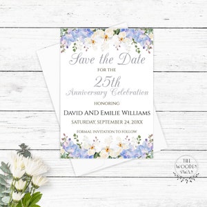 Save the Date Vorlage, DIY, Einladung, Silberjubiläum, jedes Jahr, 25-jähriges Jubiläum, Silber / Blau / Lila Töne, Text bearbeiten, 732S