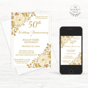 Printable Anniversary Invitation Template, Golden Anniversary, 25, 50, any year, 50th Anniversary, 5x7, Gold Floral, Editable Template 601K