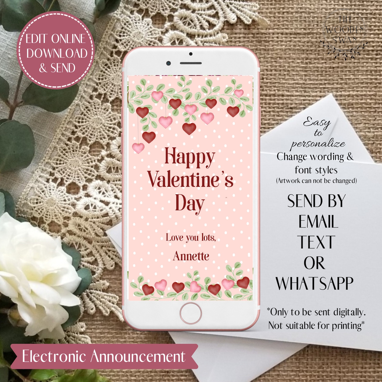 Electronic Valentines Day Card Text Phone Greeting Digital Etsy