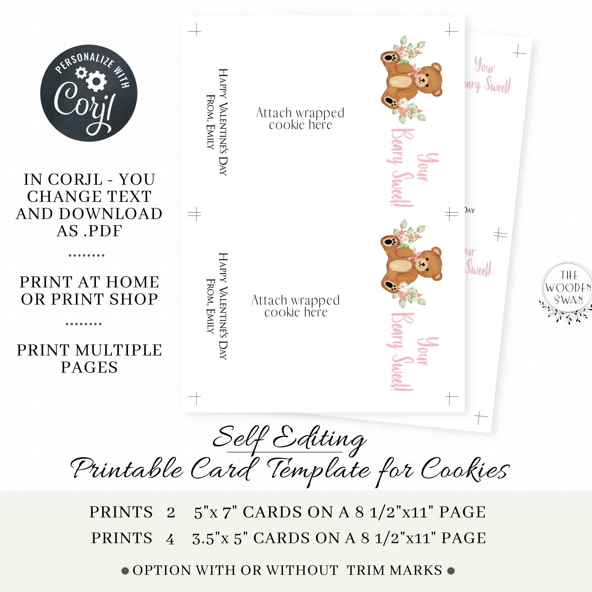 Printable Valentine Cookie Card Packaging Card For Cookie Digital Valentine Cookie Card Mini