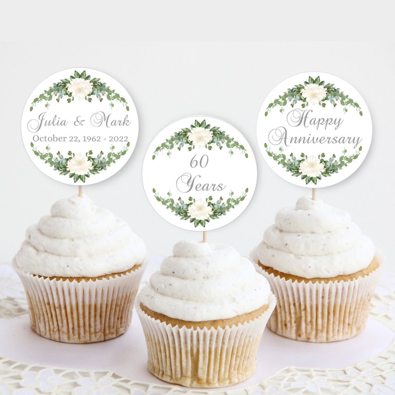 50th Anniversary Cupcake Topper Template, 2 Round Gift Tags, Golden