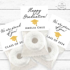 Druckbare Abschlussfeier Mint Favor Topper Template, Benutzerdefinierte Mint Party Favors, Klasse von 2024, Gold Schwarz Theme, Sweet Favor, Text bearbeiten, 753S