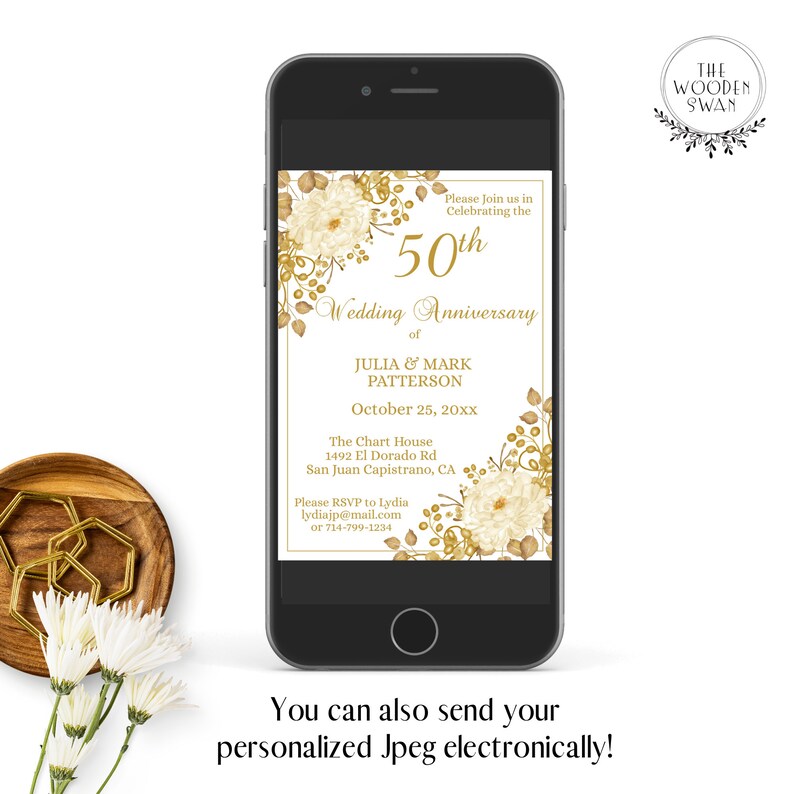 Printable 50th Anniversary Templates, 4 Item Bundle, Golden Floral ...