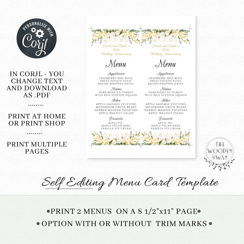 Printable Anniversary Dinner Party Menu Template, 50th Anniversary, Any