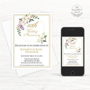 Afdrukbare sjabloon verjaardagsuitnodiging, gouden jubileum, 25, 50, elk jaar, bloemen, 50e verjaardag, 5 x 7, bewerkbare sjabloon 712S