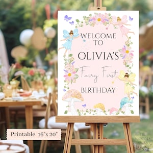 Plantilla imprimible de letrero de hada de 16 x 20, para cumpleaños de niña, letrero de bienvenida para jardín, decoración de fiesta, letrero de bosque encantado, texto editable, 544S