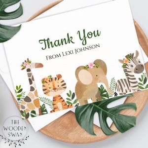 Plantilla de tarjeta de agradecimiento para baby shower imprimible, tarjeta personalizada, animales de safari, Wild One Note, animales del zoológico para niñas, texto personalizado, 146S
