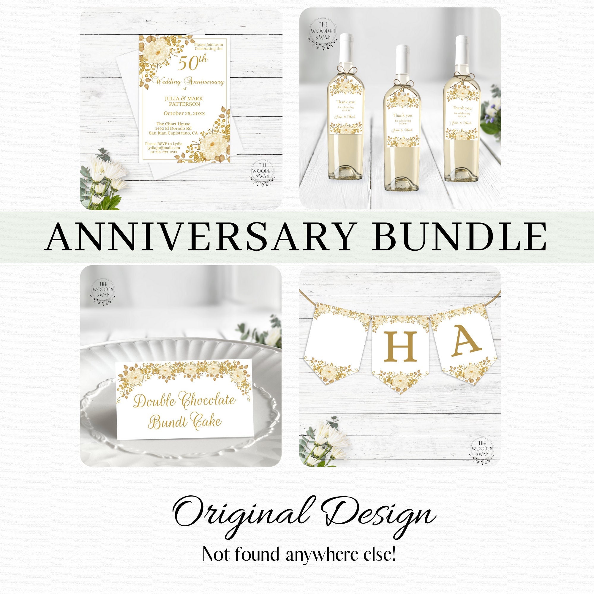 Printable 50th Anniversary Templates, 4 Item Bundle, Golden Floral ...