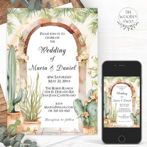 Modelo de convite de casamento para impressão, design de estilo mexicano romântico, jardim espanhol floral rústico, convite de casamento de destino, editar texto, 767S
