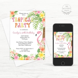 Sjabloon afdrukbare verjaardagsuitnodiging, tropische verjaardag, Hawaïaans thema, elk jaar, Luau-feest, 5 x 7, tropische bloemen, bewerkbare tekst, 536K