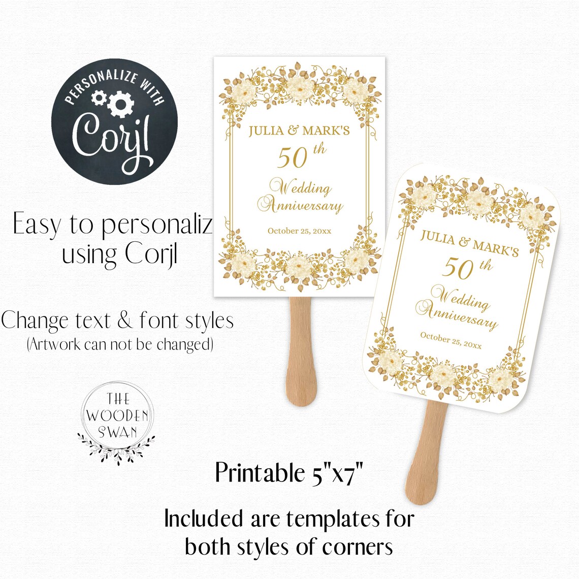 50th Wedding Anniversary Hand Fan Template Birthday Party 5x7