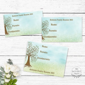 Plantilla de etiqueta con nombre para reunión familiar, etiquetas con nombre para fiestas, celebración familiar, árbol genealógico, aprox. 3,375” x 2,33”, plantilla de texto editable 713K