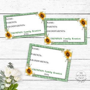 Familientreffen-Namensschild-Vorlage, Party-Namensschilder, Familienfeier, Sonnenblumen, Familientreffen, 3 Größen, bearbeitbare Textvorlage, 760S