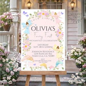 Plantilla imprimible de letrero de hada de 18 x 24 pulgadas, para cumpleaños de niña, letrero de bienvenida para jardín, decoración de fiesta, letrero de bosque encantado, edición de texto, 544S