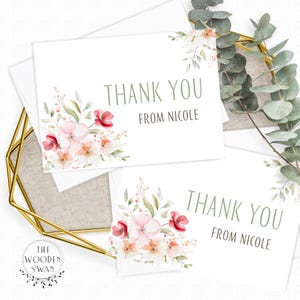 Plantilla de tarjeta plegable imprimible con flores rosas, tarjeta de agradecimiento personalizada, bonita tarjeta de felicitación, despedida de soltera, cumpleaños, texto editable, 754S