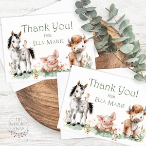 Druckbare Bauernhoftier Dankeskartenvorlage, bearbeitbare Barnyard Animals Grußkarte, Babytiere, Babyparty Greenery Tag, Text bearbeiten, 149S