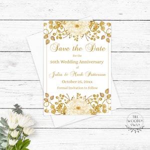 Printable Save the Date Template, DIY, Invitation, Golden 50th Anniversary, any year, 50th Anniversary, 5x7, Gold Floral, Editable Text 601K