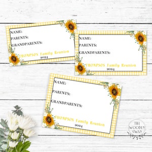 Familientreffen-Namensschild-Vorlage, Party-Namensschilder, Familienfeier, Sonnenblumen, Familientreffen, 3 Größen, bearbeitbare Textvorlage, 761S