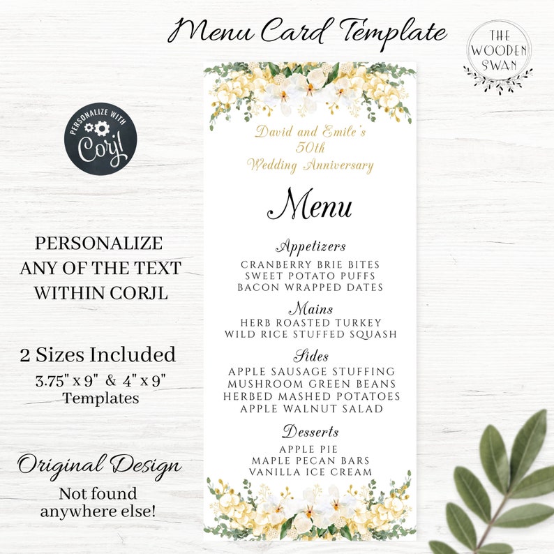 Printable Anniversary Dinner Party Menu Template, 50th Anniversary, Any