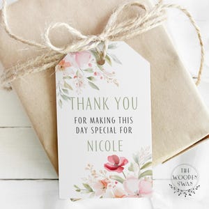 Druckbare Brautparty Danke-Tag-Vorlage, Rosa, Salbei Grün und Blush, Favor Tag, Schöne Gartenparty Floral, bearbeitbarer Text, 754S