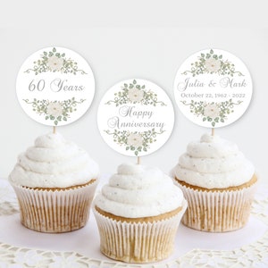 60th Anniversary Cupcake Topper Template, 2” Round Gift Tags, Golden Anniversary, 60th, 25th, DIY Editable Printable Toppers and Tags, 708K