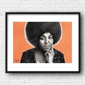 May include: A black and white drawing of a woman with an afro hairstyle. She is wearing a black sequined top and has a thoughtful expression on her face. The background is a solid orange color.