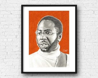 May include: A framed pencil portrait of a man wearing glasses and a turtleneck. The artwork is set against an orange background. The portrait is in black and white, with the man's face and hair detailed. The frame is black.