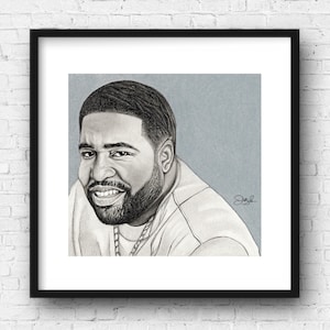 May include: A black and white drawing of a person with a beard and a chain necklace. The person is smiling and looking to the right. The background is a light blue color.