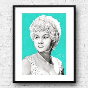 May include: A black and white pencil drawing of a woman with a bouffant hairstyle. The woman is wearing a white dress and has a serious expression on her face. The background is a bright turquoise color.