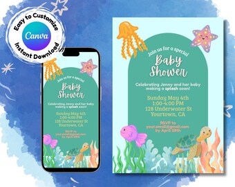 May include: Baby shower invitation with an underwater theme. The design features a teal background with illustrations of a jellyfish, starfish, fish, and a turtle. The invitation includes the text "Baby Shower" and event details.
