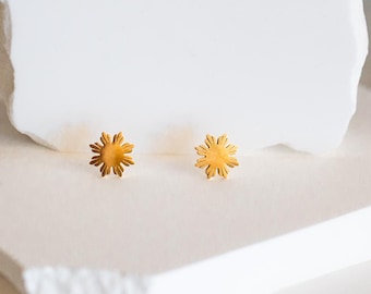 May include: A pair of small, gold-colored stud earrings shaped like sunbursts or stylized flowers. Each earring features a central circular point with multiple radiating petals or rays extending outward, creating a delicate and symmetrical design.