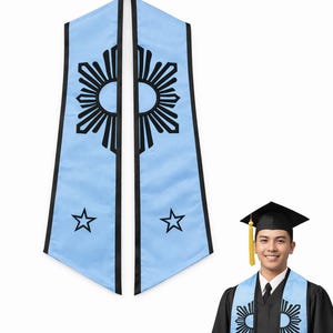 May include: Light blue graduation stole with black trim and a sunburst design. The stole also features two black stars. A person wearing a graduation cap and gown is also shown.
