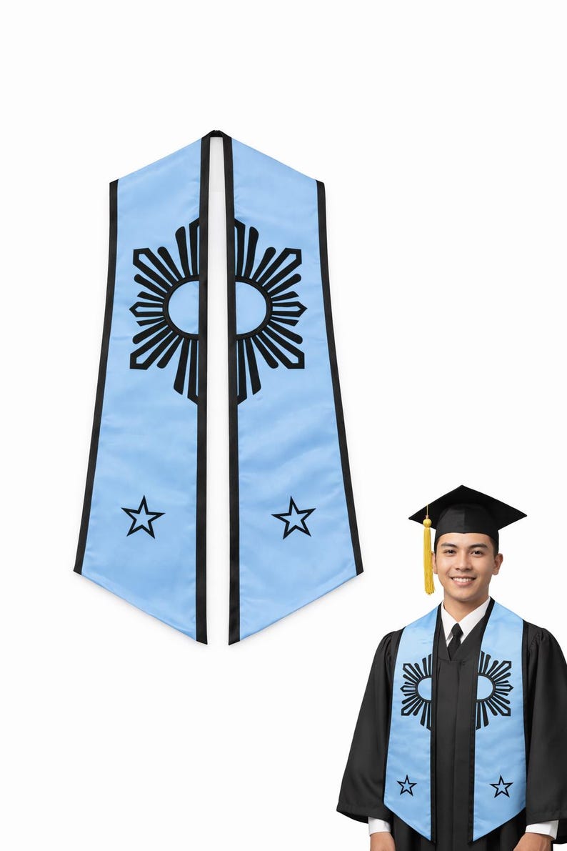 May include: Light blue graduation stole with black trim and a sunburst design. The stole also features two black stars. A person wearing a graduation cap and gown is also shown.