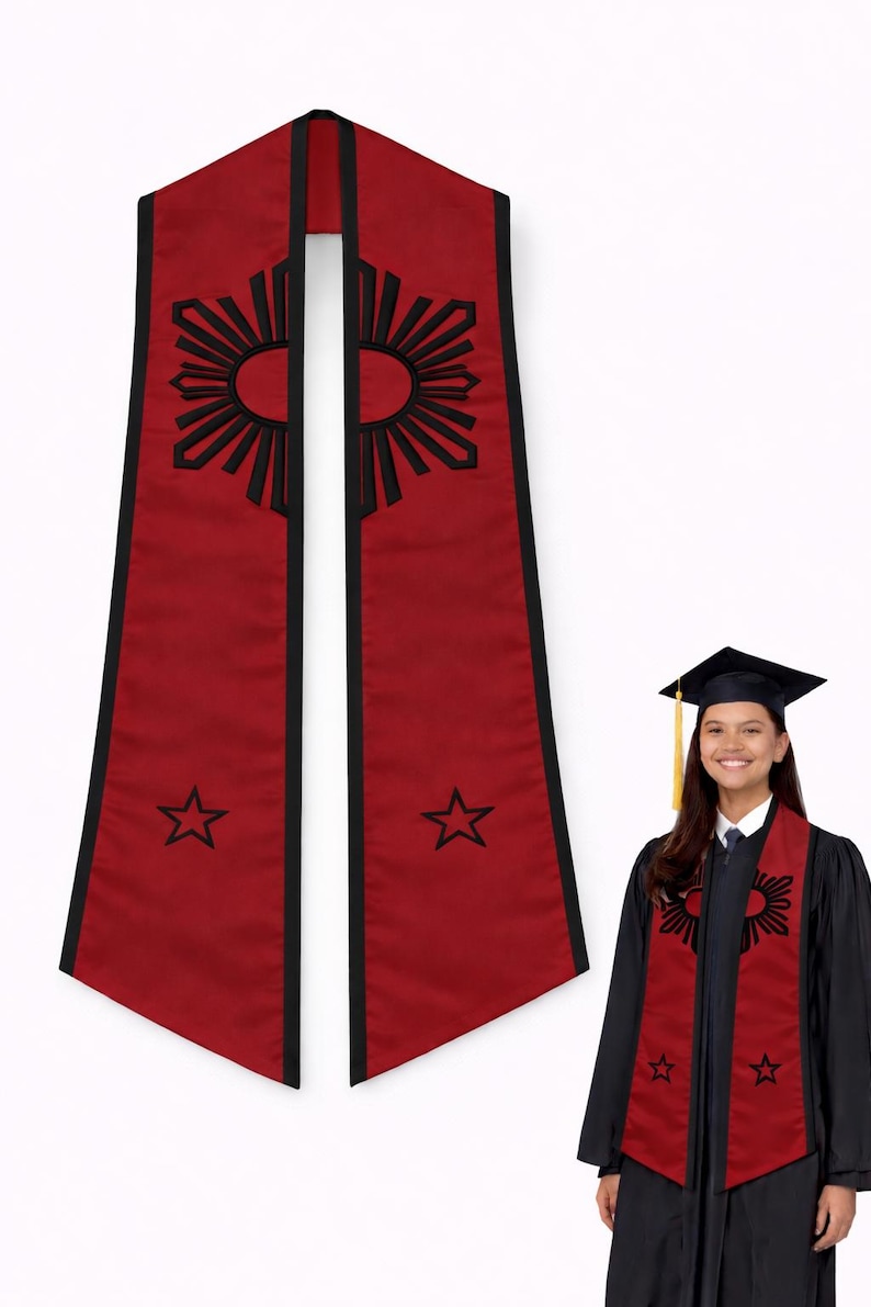 May include: Red graduation stole with black trim, featuring a sunburst design and stars. The stole is worn by a person in a graduation gown. The sunburst and stars are black. The stole is a symbol of academic achievement.